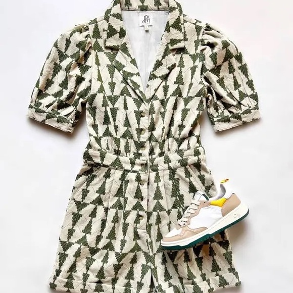 dRA Pants - dRA Los Angeles Green and White Geo Patterned Jumpsuit